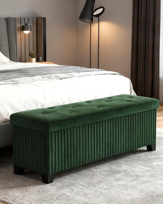 LITZFUR Storage Ottoman Bench, 43 Inch Foldable Ottoman with Legs, Velvet Foot Rest Stool, End of Bed Bench, Storage Chest for Living Room, Bedroom, Green
