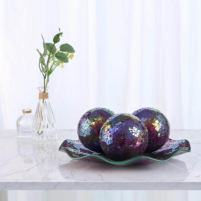 MDLUU Centerpiece Bowl and Balls Set, Mosaic Tray with 3 Pieces Spheres, 12" Decorative Plate with 4" Mosaic Orbs for Home Decor, Gift (Multicolored Purple)