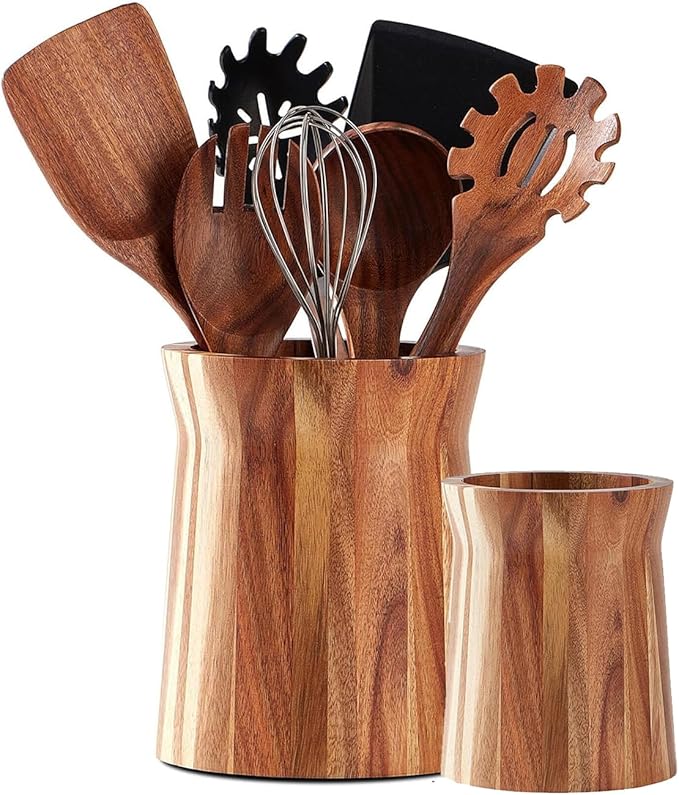 Teenyyou 2 Pcs Wooden Utensil Holder 360° Rotating Kitchen Utensil Holder 7.3" and 5.7" Large Cooking Tool Organizer Crock for Kitchen Countertop Farmhouse Home Decoration