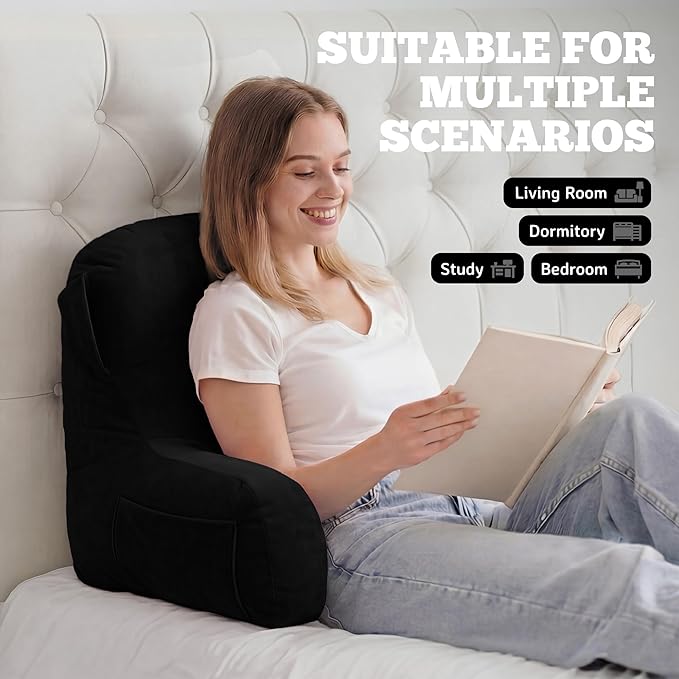 Unisakey Portable Comfy Reading Pillows for Bed Sitting Up(Black Oeko-Tex), Velvet Back Pillow with Arms & Pockets for Adults, Support Memory Foam Bed Pillow for Dorm/Reading/Watching/Gaming