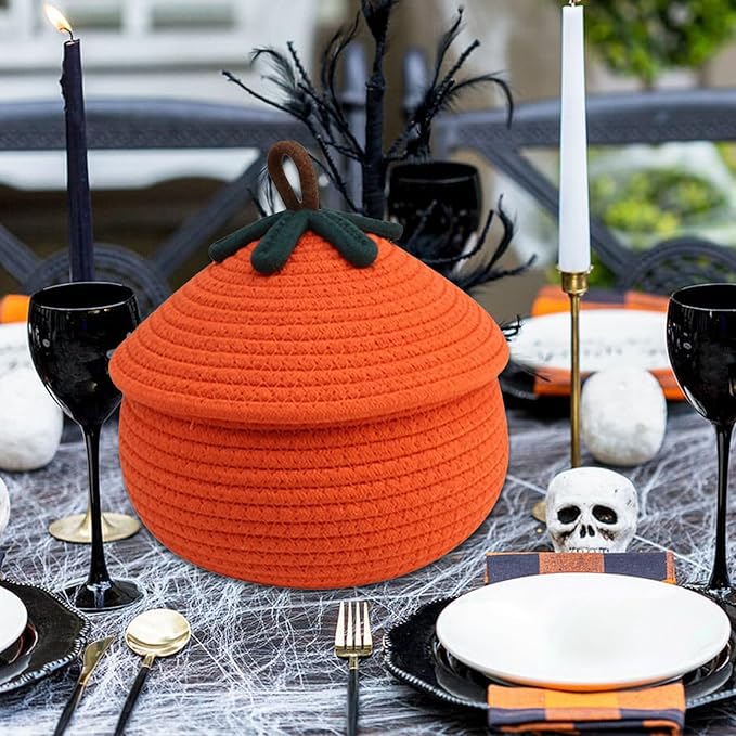 Pumpkin Basket with Lid, Halloween Woven Storage Basket Woven Storage Basket Halloween Pumpkin Design, Decorative Seasonal Rope for Keys, Books