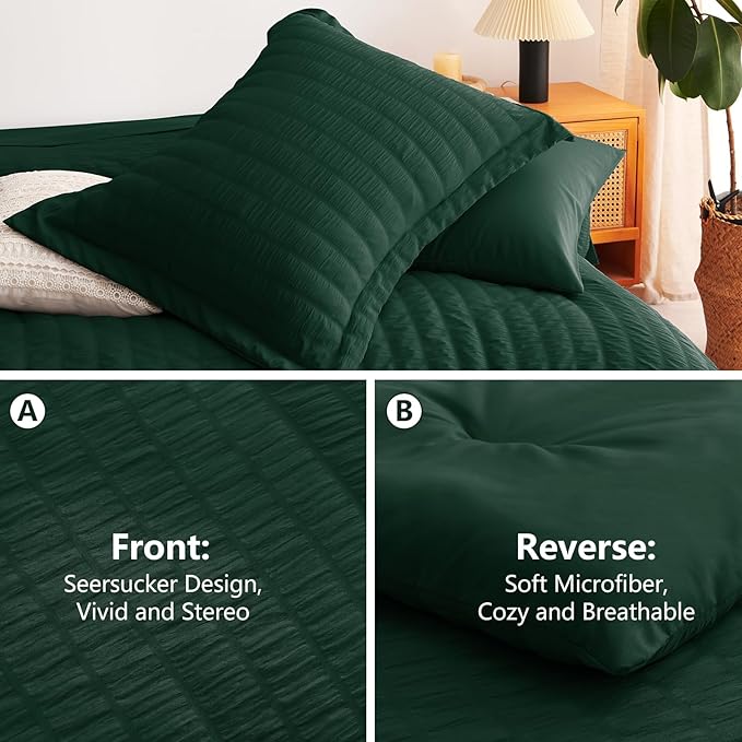 CozyLux Full Size Comforter Sets with Sheets 7 Pieces, Emerald Green Seersucker Bed in a Bag Textured Luxury Soft Bedding Sets with Down Alternative Comforter, Sheets, Pillowcases & Shams All Season
