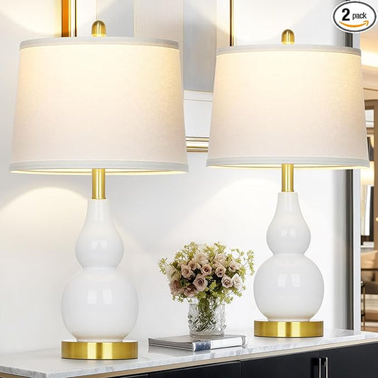 25" Ceramic Table Lamps Set of 2, Modern Double Gourd Ceramic Table Lamp for Living Room, White Rustic Farmhouse Bedside Nightstand Lamp with Fabric Shades for Bedroom Desk End Table Home Office Decor