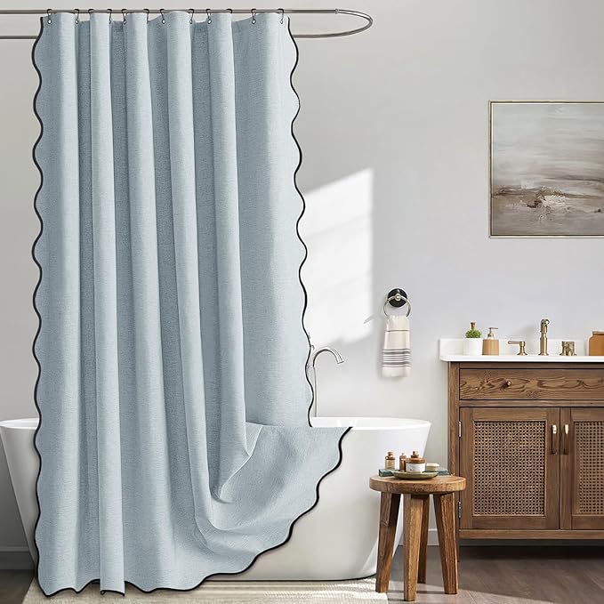 MIULEE Light Blue Scalloped Shower Curtain Linen Textured with 12 Metal Hooks Cute Heavy Duty Washable Waterproof Thick Cloth Shower Curtains with Black Border for Bathroom Hotel Bathtub,W72*L72