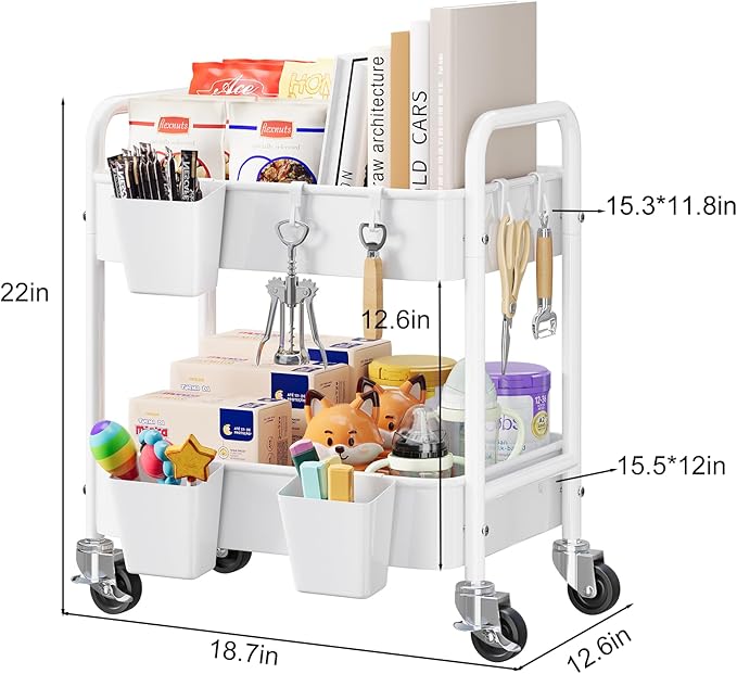 2 Tier Small Rolling Metal Cart with Wheels, White Under Desk Storage Cart on Wheels, Short Utility Roller Carts Organizer for Pantry, Bathroom, Kitchen,Office, Two Tiered Mobile Storage Shelf Trolley