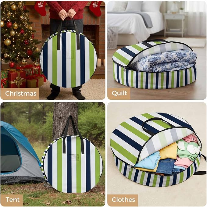 Storage Bag Navy Blue Green Stripes Round Storage Totes Bins Closet Organizers with Zippers & Handle Contrast Striped Clothes Storage Container for Bedroom Dorm Space Saving Packing Supplies Bags
