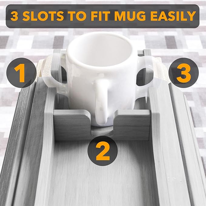 SpaceAid Bamboo Couch Cup Holder, Anti Falling Foldable Sofa Armrest Tray with Cup Holder, Couch Arm Side Table Organizer for Drink Cup Remote Snacks (Gray)