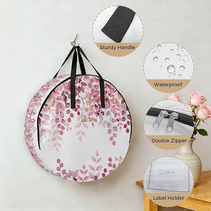 Storage Bag Pink Eucalyptus Leaves Round Storage Totes Bins Closet Organizers with Zippers & Handle Berry Branch Nature Plant Clothes Storage Container for Bedroom Dorm Space Saving Packing Supplies