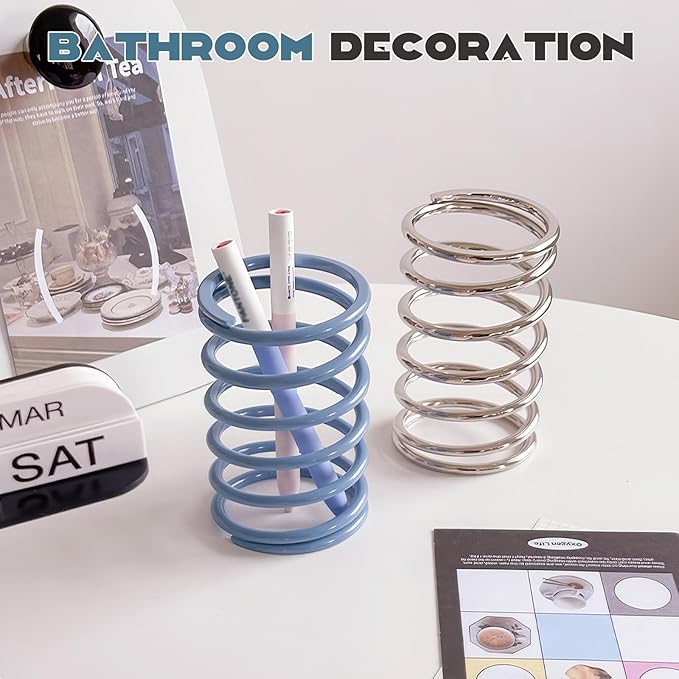 Spring Toothbrush Holder, Stainless Steel Spring Shaped Desktop Toothbrush Holder, Multifunctional Pen Holder Makeup Brush Toothbrush Storage for Bathroom Tabletop Dressing Table and Sink (Blue)