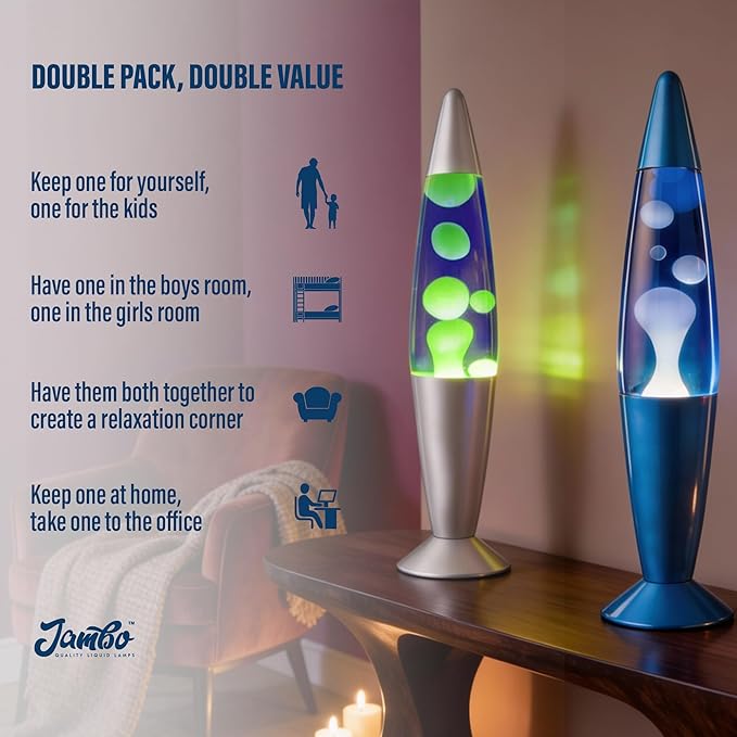 JAMBO 2 Pack- 16" Beautiful Lamp- Silver with Yellow/Green Wax and Blue with Blue/White Wax, Relaxing Liquid Lamp, Night Light Nightlight, Lamps for Adults Teens Kid