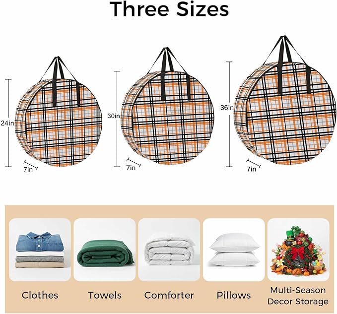 Storage Bag Orange Buffalo Plaid Round Storage Totes Bins Closet Organizers with Zippers & Handle Black Check Stripe Clothes Storage Container for Bedroom Dorm Space Saving Packing Supplies Bags