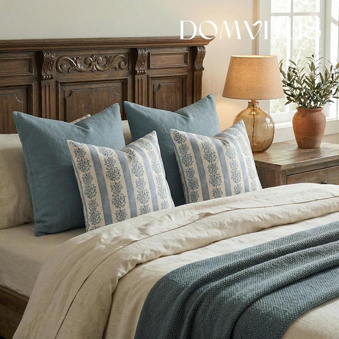 DOMVITUS Floral Throw Pillow Covers 20x20 Inch Set of 2, Block Print Decorative Pillow Covers Vintage Striped Neutral Farmhouse Boho Home Decor for Couch Sofa Bed Living Room, Light Blue