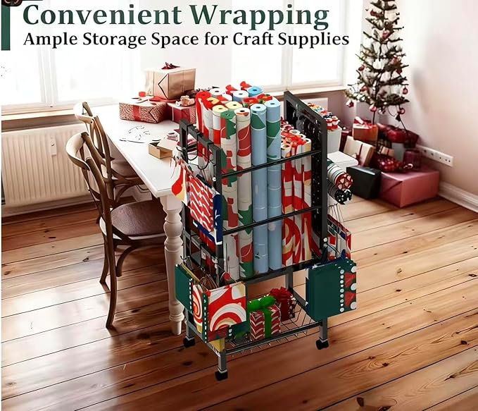 Rolling Wrapping Paper Organizer Cart with Pegboard & Storage Baskets, Gift Wrap Station with Hooks, Holders, Wheels & Containers for Ribbons, Bags, Craft Supplies Gift Wrapping Station