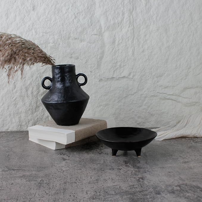 Wabi Sabi Footed Decorative Bowl, Multi-Purpose Small Ceramic Bowl, Vintage Rustic Boho Shelf Table Decor, Natural Black