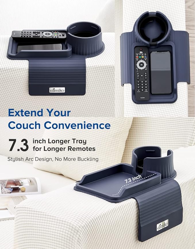 Couch Cup Holder Tray, Elimiko Silicone Sofa Drink Holder with Large Cup Holder and Tray, for Oversized Mugs/Long Remote/Snacks/Cellphone (Navy Blue)