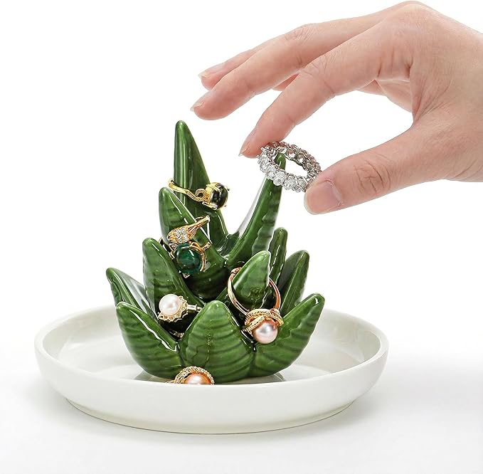 Elsjoy Set of 2 Ceramic Ring Holder Dish, Decorative Round Jewelry Display Trays, Aloe & Cactus Small Trinket Plate for Home, Gift, Mother's Day