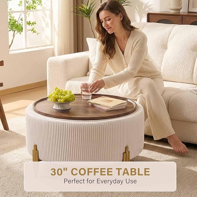 30'' Round Storage Ottoman Coffee Table, Modern Velvet Upholstered Ottoman with Lid and Metal Legs for Living Room, Bedroom (White)