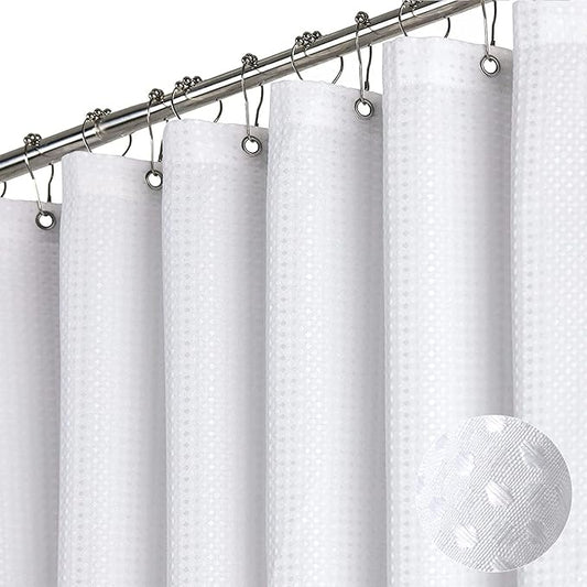 Dynamene Long White Fabric Shower Curtain - Waffle Textured Tall Heavy Duty Cloth Shower Curtains for Bathroom, 256GSM Large Hotel Spa Luxury Bath Curtain Set with 12 Plastic Hooks(72Wx78H, White)