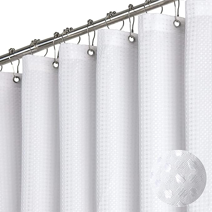 Dynamene Long White Fabric Shower Curtain - Waffle Textured Tall Heavy Duty Cloth Shower Curtains for Bathroom, 256GSM Large Hotel Spa Luxury Bath Curtain Set with 12 Plastic Hooks(72Wx80H, White)