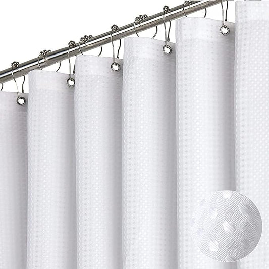 Dynamene Extra Wide Shower Curtain - 180 Inch Wide Waffle Weave Weighted Thick Cloth Bathroom Shower Curtain, Neutral Heavy Duty Hotel Shower Curtain Set with 32 Plastic Hooks,180x72, White