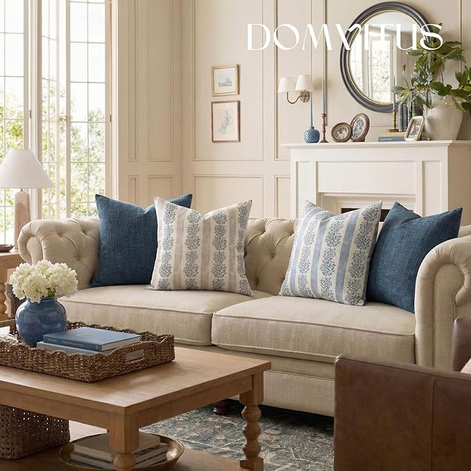 DOMVITUS Floral Throw Pillow Covers 22x22 Inch Set of 2, Block Print Decorative Pillow Covers Vintage Striped Neutral Farmhouse Boho Home Decor for Couch Sofa Bed Living Room, Light Blue
