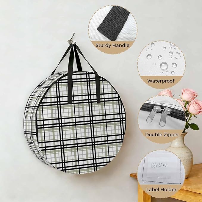 Storage Bag Sage Green Buffalo Plaid Round Storage Totes Bins Closet Organizers with Zippers & Handle Black Check Stripe Clothes Storage Container for Bedroom Dorm Space Saving Packing Supplies Bags