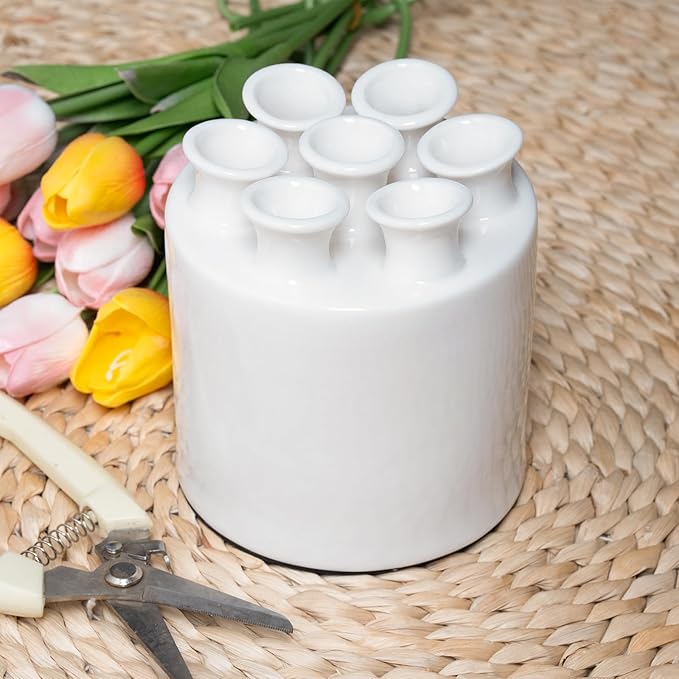 MOUGIGI Large Ceramic Vase Modern Cylinder Design with 7 Flower Openings, Perfect Centerpiece for Tulips、Hydrangeas、Roses and Wildflowers - Ideal Home Decor Gift for Birthdays Mothers Day
