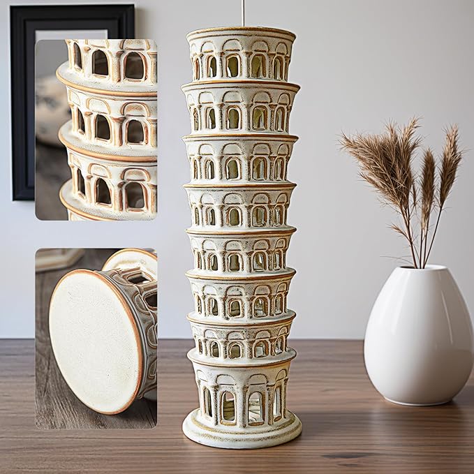Ceramic Home Decoration 15.1 Inch Tall Leaning Tower for Living Room Bedroom Office Modern Farmhouse Antique Rustic Nordic Ornament Desktop Fireplace Centerpiece Decor