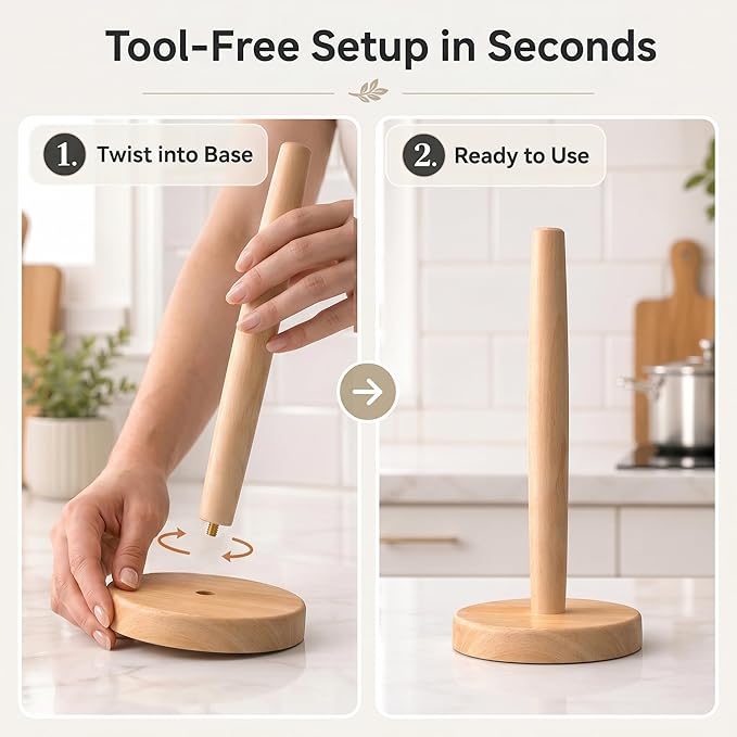 Wooden Paper Towel Holder for Countertop, Solid Beech Wood Stand with Wider Non-Slip Base, Fits Standard and Jumbo Rolls, Easy Assembly, Farmhouse Kitchen Paper Towel Dispenser