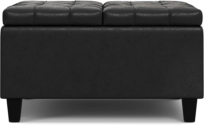 SIMPLIHOME Harrison Small Coffee Table Storage Ottoman - 30 inch Wide Upholstered Vegan Leather Square Lift-Top Ottoman in Distressed Black, Transitional Ottoman for Living Room with Hidden Storage