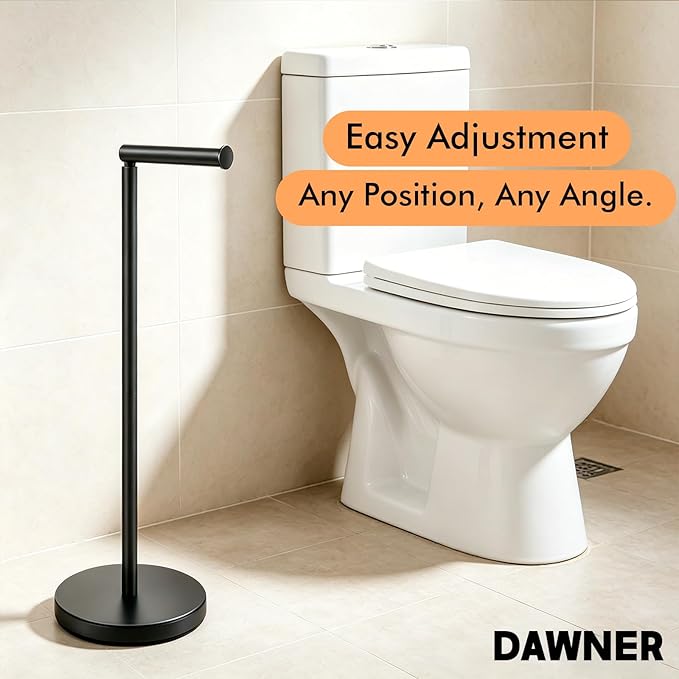 DAWNER 24" Black Toilet Paper Holder Free Standing, Stainless Steel Rustproof Toilet Paper Stand with Storage, Stable Heavy Weighted Flat Base for Apartment, Bathroom, Kitchen, Matte Black Finish