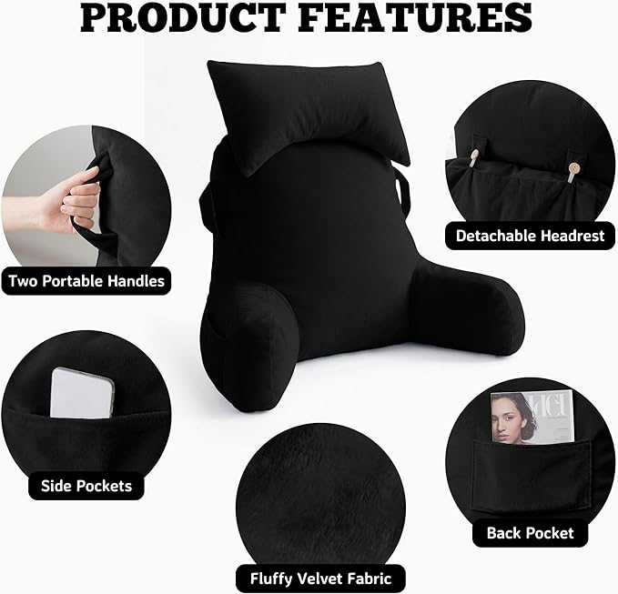 Unisakey Portable Reading Pillows with Headrest for Bed Sitting Up(Brown Oeko-Tex), Velvet Back Pillow with Arms & Pockets for Adults, Support Memory Foam Bed Pillow for Dorm/Reading/Watching/Gaming