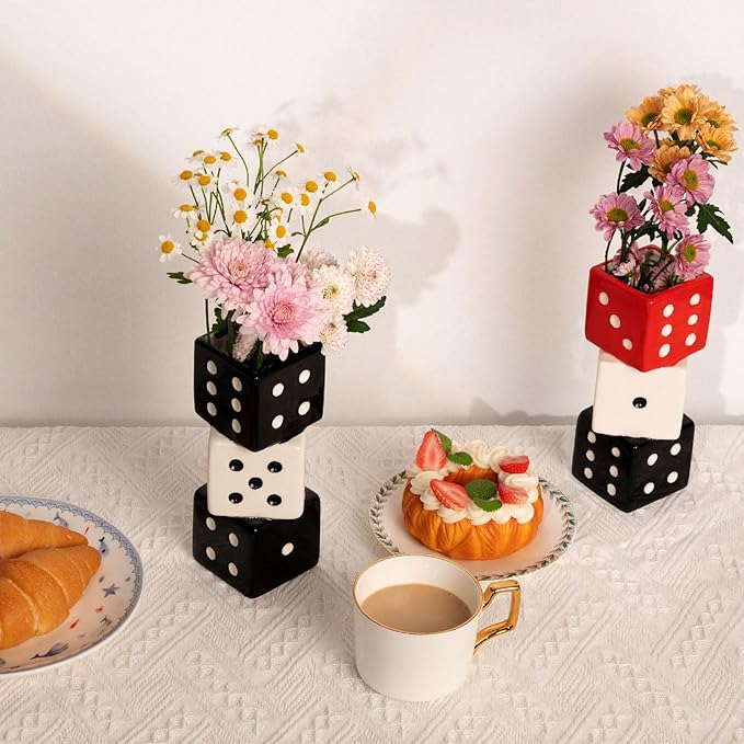 MOUGIGI Unique Handmade Dice Vase - Stylish Black & White Ceramic Decor for Home, Bar | Geometric Design Perfect for Fresh, Dried, or Artificial Flowers | Eye-Catching Centerpiece & Decorative Accent
