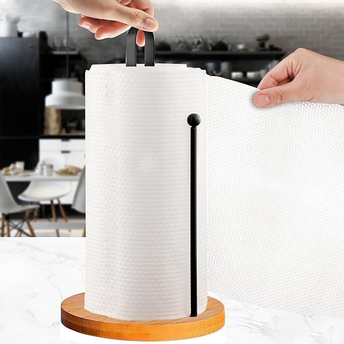 Wooden Paper Towel Holder Countertop, Kitchen-Towel-Holder FreeStanding with Side Bar for Kitchen Bathroom