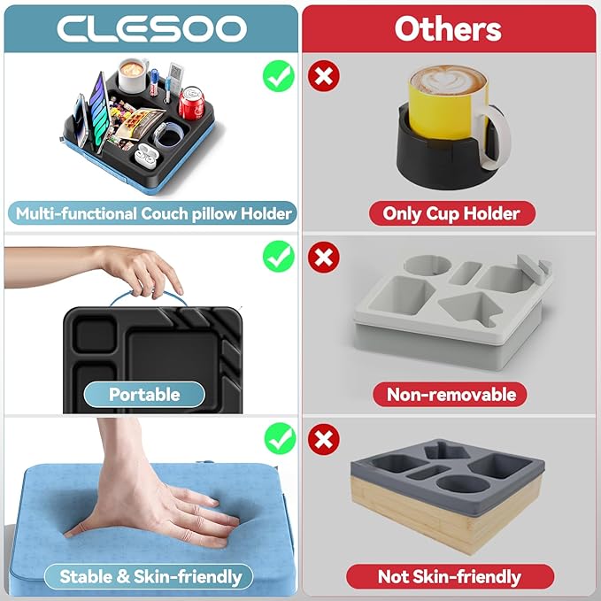 Couch Cup Holder Tray Couch Cup Holder Pillow Bed Tray Snack Sofa Bed Caddy Organizer Beach Sofa Drink Holder Anti-Spill Portable Snack Caddy Couch Remote Holder for Phone Pad Kindle Beverage Blue