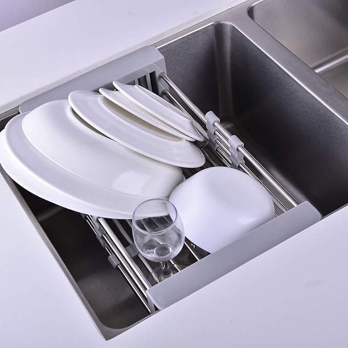 Sink Dish Drying Rack, Stainless Steel Drainer for 10.7"-17" Sinks, Kitchen Countertop Organizer for Dishes, Vegetables, and Fruits (Grey & Small)