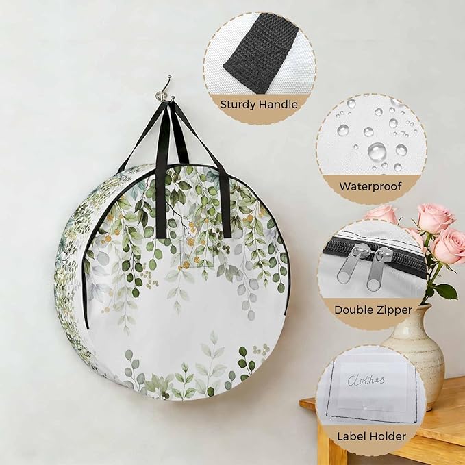 Storage Bag Sage Green Eucalyptus Leaves Round Storage Totes Bins Closet Organizers with Zippers & Handle Berry Branch Nature Plant Clothes Storage Container for Bedroom Space Saving Packing Supplies
