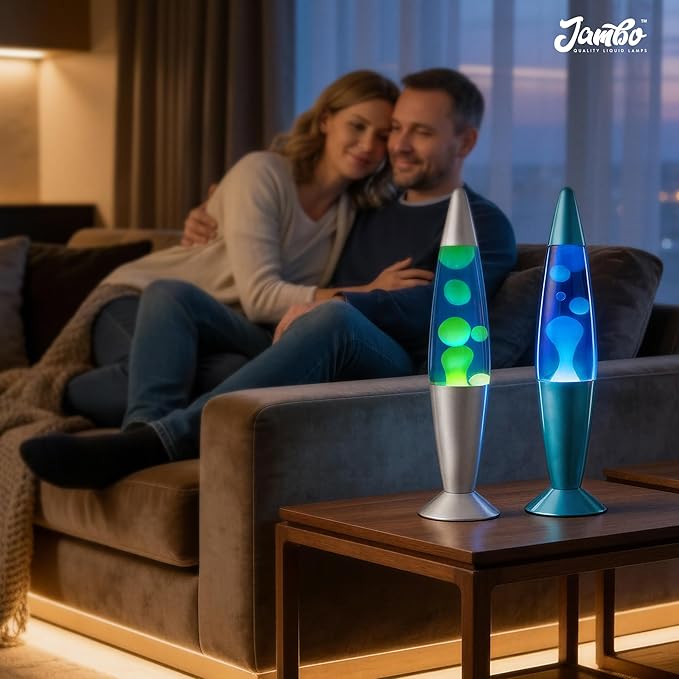 JAMBO 2 Pack- 16" Beautiful Lamp- Silver with Yellow/Green Wax and Blue with Blue/White Wax, Relaxing Liquid Lamp, Night Light Nightlight, Lamps for Adults Teens Kid