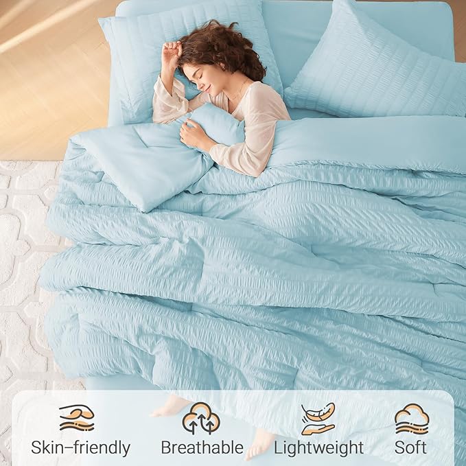 MUXHOMO 5 Pieces Twin XL Comforter Set, Seersucker Bed in a Bag Twin XL Size, All Season Luxury Bedding Set with Comforter, Flat Sheet, Fitted Sheet, Pillowcase & Sham, Lake Blue