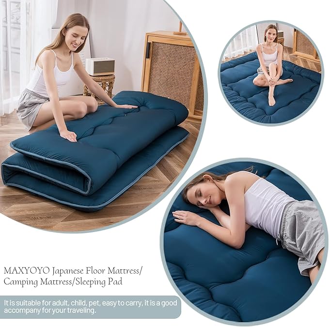 MAXYOYO Japanese Floor Mattress Futon Mattress, Thicken Sleeping Pad Foldable Roll Up Floor Futon for Adults Tatami Mat Dormitory Lounger, Bluestone, Queen Size