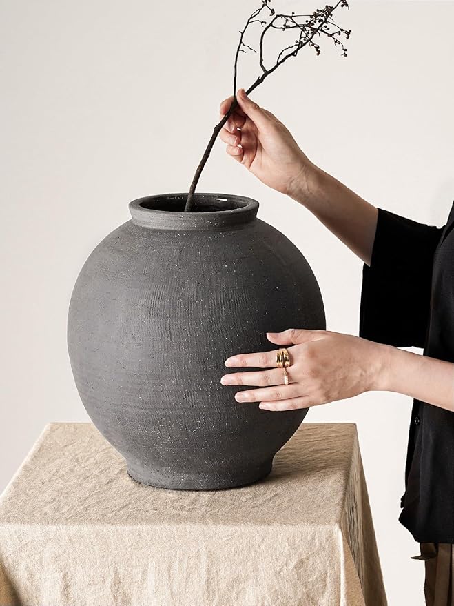 Black Ceramic Vase - Large 12.5 Inch Round Floor Vase for Centerpieces, Farmhouse Flower Vases, Rustic Minimalist Home Decor (Sandstone Black)