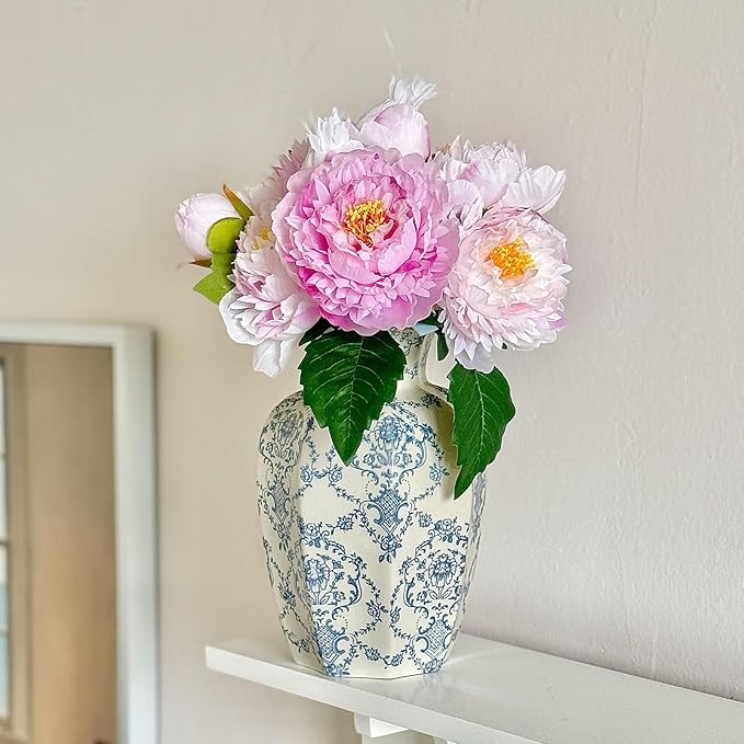 Vintage Blue Ceramic Vase, Blue and White Porcelain Decorative Flower Vase for Centerpiece Living Room Table Shelf, Chinoiserie French Country Decor