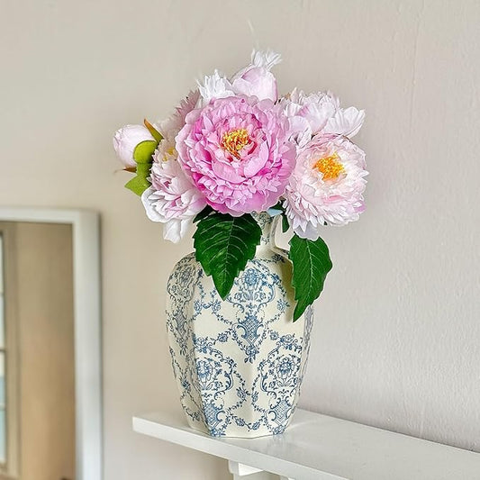 Vintage Blue Ceramic Vase, Blue and White Porcelain Decorative Flower Vase for Centerpiece Living Room Table Shelf, Chinoiserie French Country Decor