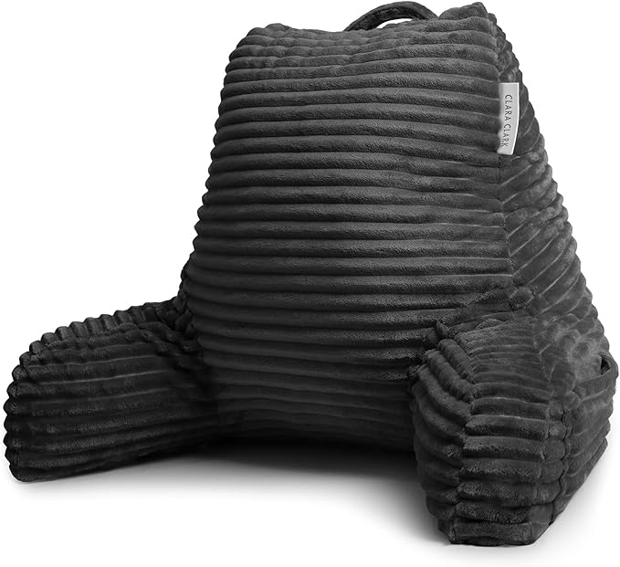 Clara Clark Reading Pillow for Bed Adult – Back Pillow for Sitting in Bed, Standard Plush Bed Pillows for Sitting Up in Bed, Shredded Foam Bed Chair Pillow with Arms and Pockets, Grey Bed Rest Pillow