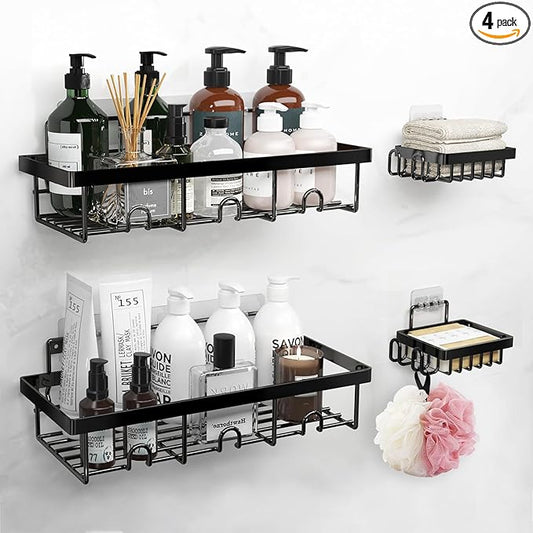 4-Pack Adhesive Shower Caddy - Rustproof Stainless Steel Shower Organizer - Large Capacity No-Drill Shower Shelves for Inside Shower Storage - Versatile Wall Mount Rack for Bathroom & Kitchen (Black)
