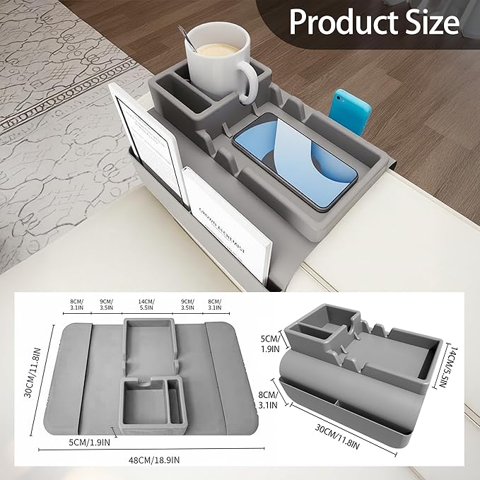 Couch Arm Cup Holder - Silicone Sofa Armrest Tray with 5 Side Pockets, Anti-Slip Armrest Recliner Armchair Caddy, Sofa Table Organizer for Drinks Tablet Remote Snacks Cellphone Cup (Grey)