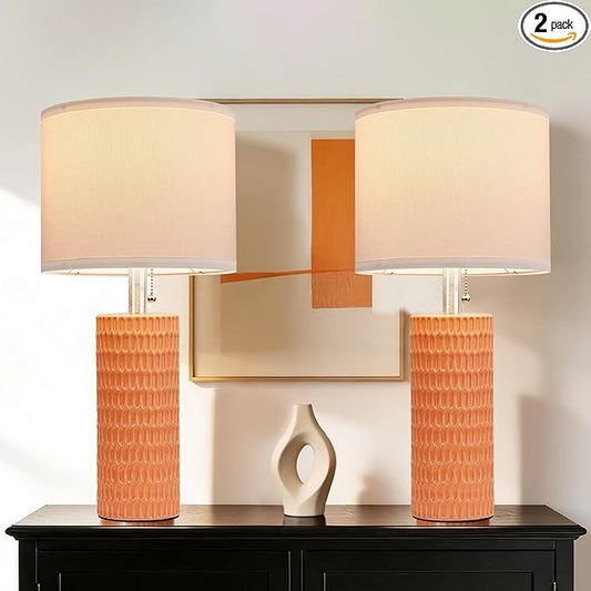 Reaketon Table Lamps for Living Room Set of 2, Ceramic Table Lamps for Bedroom, 20" Modern Lamps for Night Stands, Orange