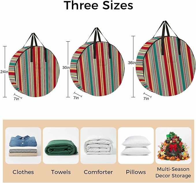 Storage Bag Red Striped Round Storage Totes Bins Closet Organizers with Zippers & Handle Geometric Green Yellow Stripes Clothes Storage Container for Bedroom Dorm Space Saving Packing Supplies Bags