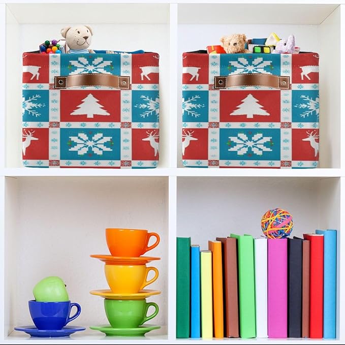 Christmas Storage Basket, Collapsible Canvas Organizer with Snowflake Reindeer Pattern, 14.2x10.2x8.3 Inches, Water Resistant Rectangular Box for Bedroom Storage