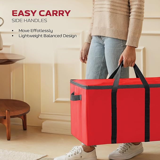 Large 128 Christmas Ornament Storage Box, Adjustable Compartment Dividers, Dual Zipper, Stackable Holiday Decorations Organizer with Lid, Xmas Durable Fabric Bin, Reinforced Handles Space-Saving (Red)
